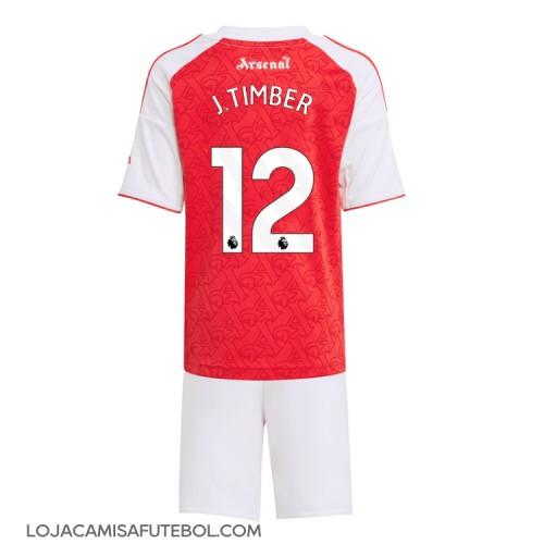 Camisa de Futebol Arsenal Jurrien Timber #12 Equipamento Principal Infantil 2025-26 Manga Curta (+ Calças curtas)